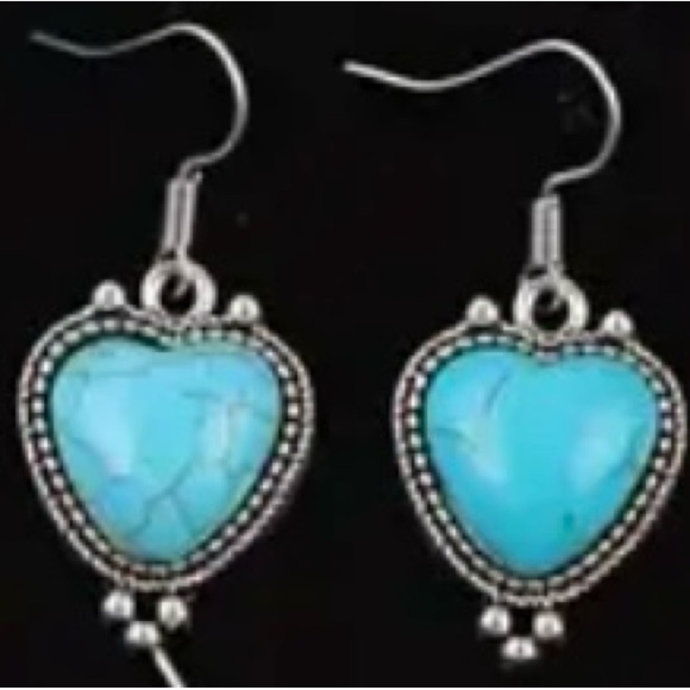 NEW faux Turquoise Earrings, vintage antique silvery look, heart shaped
